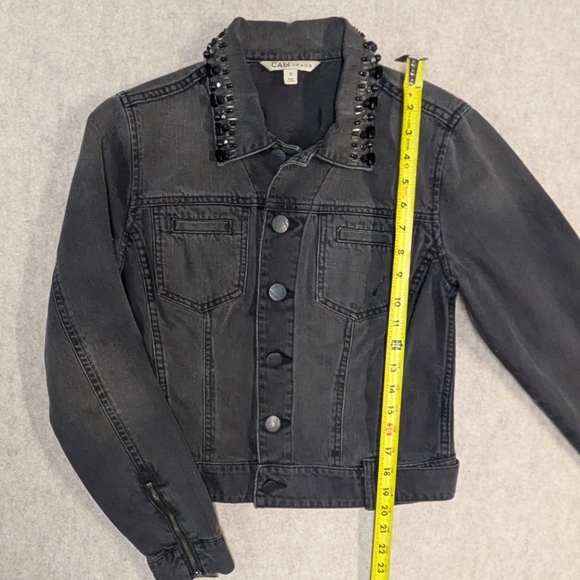 CAbi Denim Beaded Collar Black Biker Distressed Jacket With Zippers Size Small - Picture 8 of 10